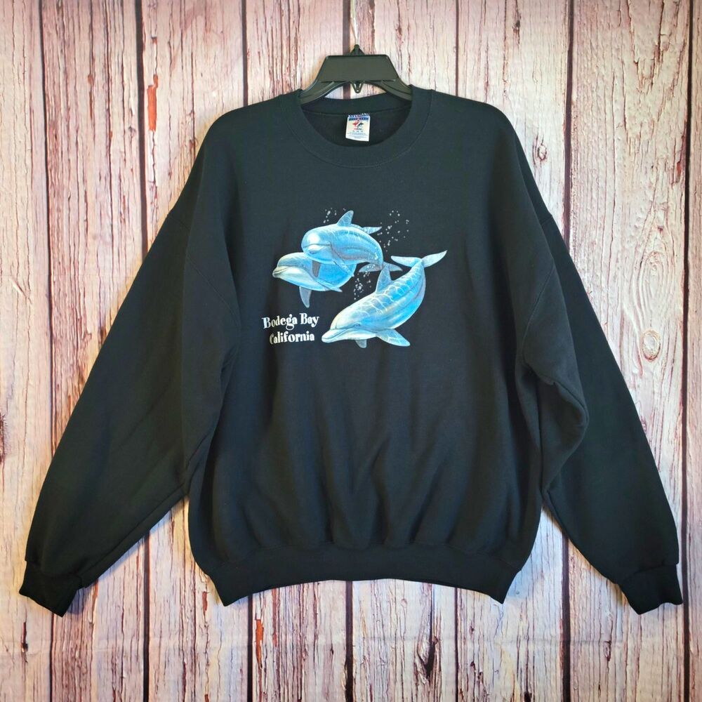 Jerzees 90s VTG NuBlend XL Black Crewneck Fleece Sweatshirt Dolphin Graphic